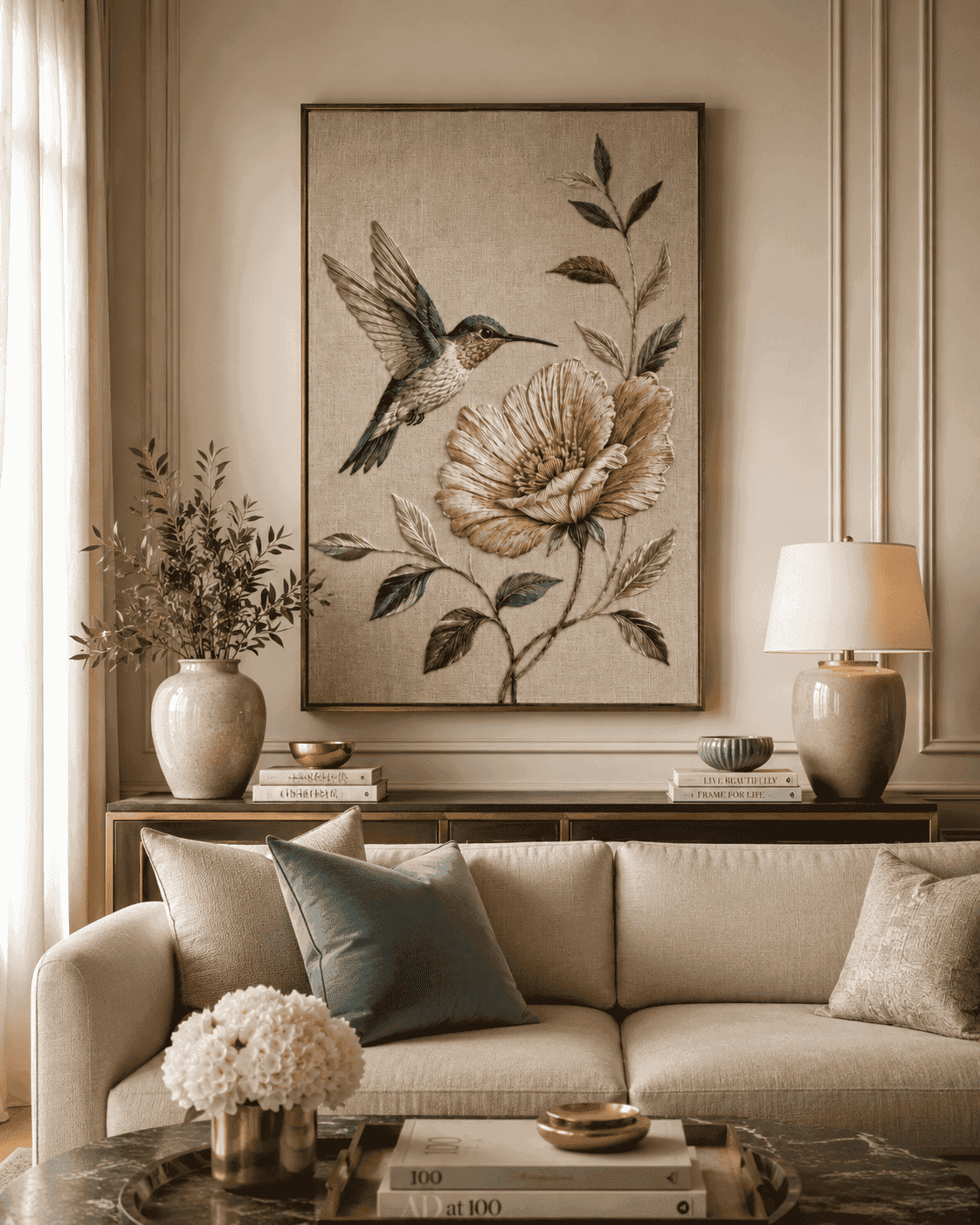 Hummingbird Bloom - Embroidered Bird Wall Art — detail view 3