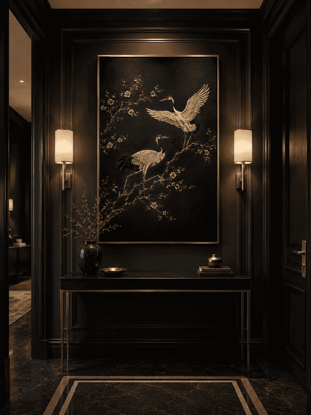 Graceful Crane Harmony - Embroidered Wall Art — embroidered wall art by Dectorre