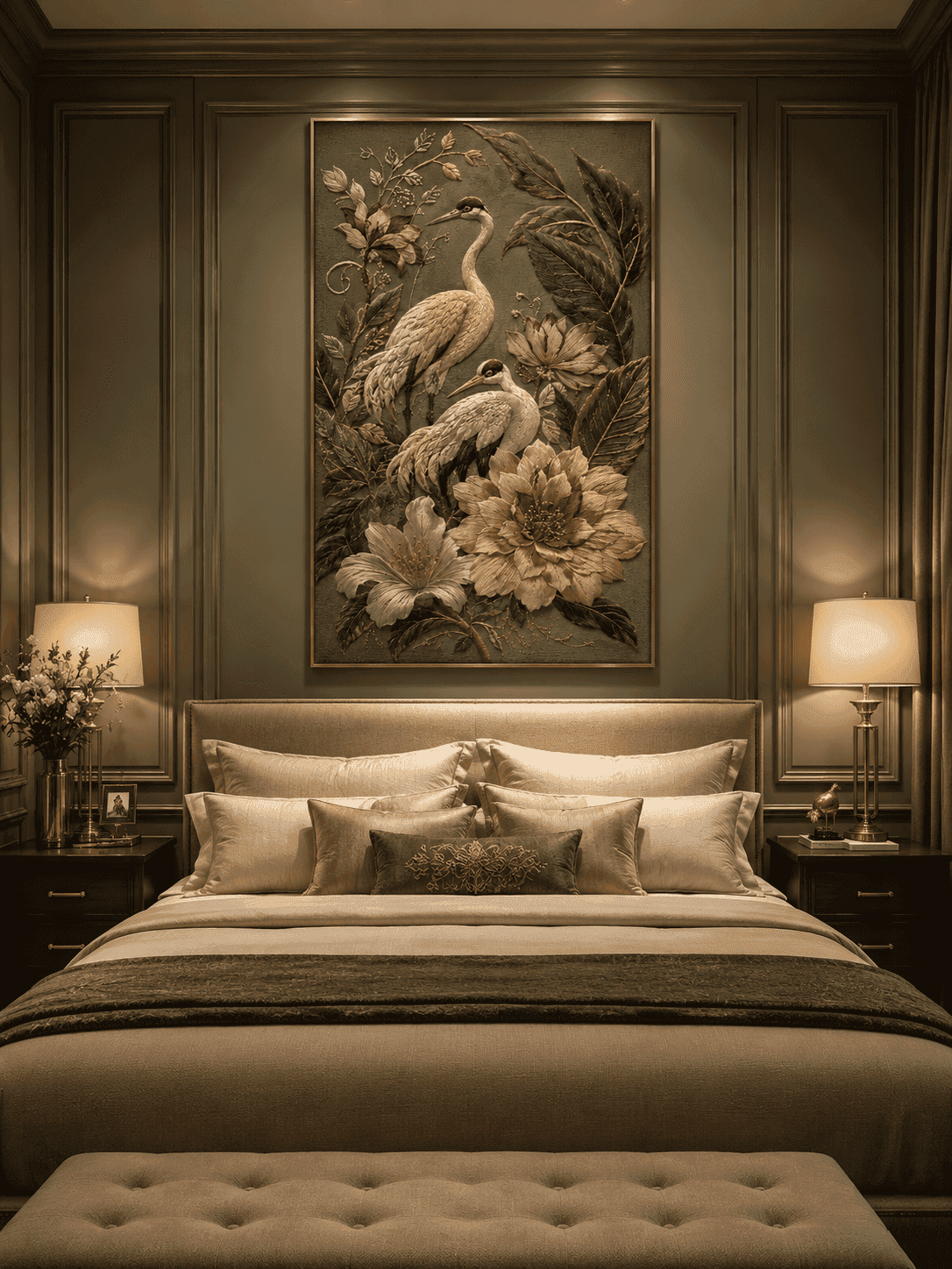 Elegant Crane Garden — Embroidered Crane Wall Art — detail view 2