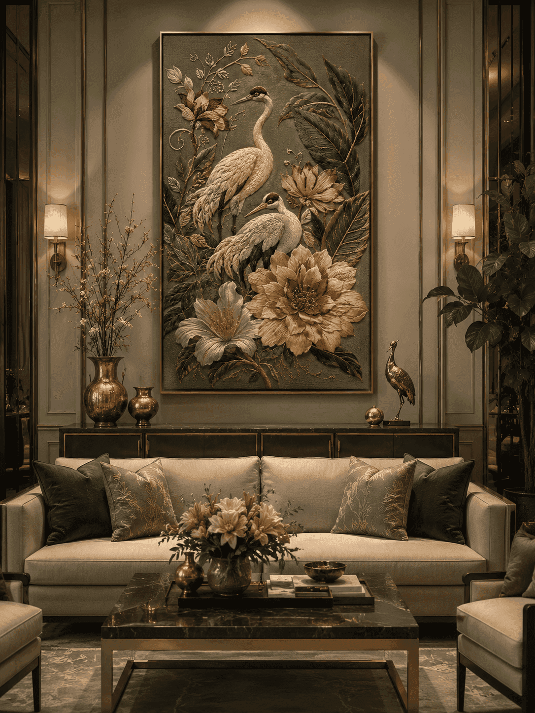 Elegant Crane Garden — Embroidered Crane Wall Art — detail view 3