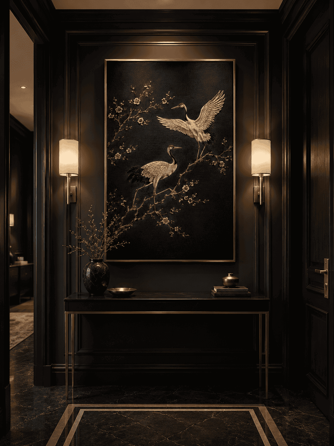 Graceful Crane Harmony - Embroidered Wall Art — embroidered wall art by Dectorre