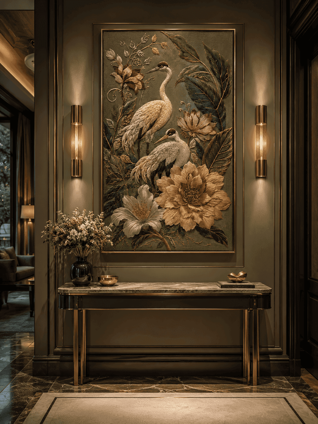 Elegant Crane Garden — Embroidered Crane Wall Art