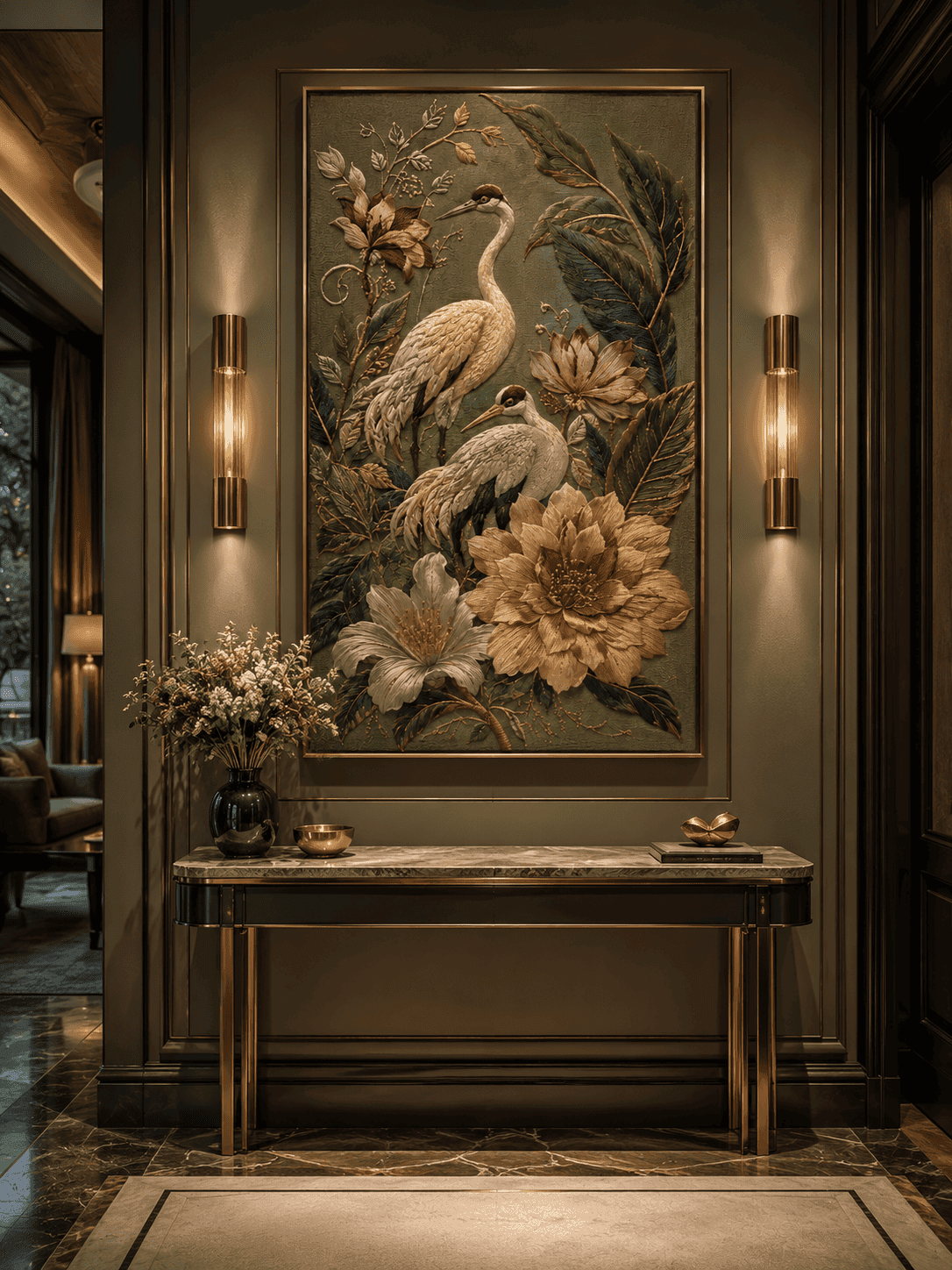 Elegant Crane Garden — Embroidered Crane Wall Art — embroidered wall art by Dectorre